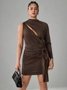 SHEIN Tall CURVE Mocha Fashionable High Neck Ruched Tie Waist Bodycon Skirt - Brown - View 3