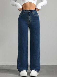 Women's High Waist Pocketed Wide Leg Loose Casual Versatile Denim Pants - Dusty Blue - View 1