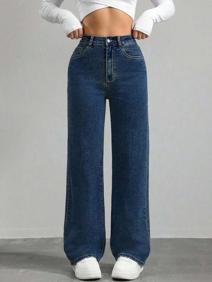Women's High Waist Pocketed Wide Leg Loose Casual Versatile Denim Pants - Dusty Blue - View 1