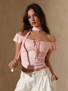 Glamine 女士休闲宽松圆领短袖T恤衫及围巾套装，夏季 - 粉色 - 查看 4