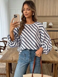 Louniche Áo thun nữ tay raglan kẻ sọc dáng suông, cỡ tiêu chuẩn, thích hợp cho kỳ nghỉ xuân hè. - Nhiều màu - Xem 4
