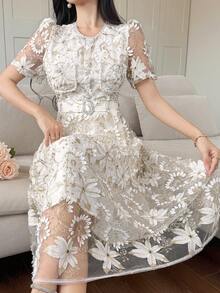 DAZY Đầm ren cao cấp thanh lịch với dây thắt eo, đầm thêu tinh tế, đầm mùa hè mềm mại, sang trọng, kiểu Hàn Quốc, mang lại cảm giác trẻ trung. - Vàng - Xem 2
