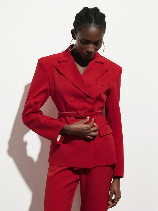 Aveloria Modichic Women's Solid Color Notched Collar Double-Breasted Long Sleeve Jacket And Pants Casual Office Suit Set