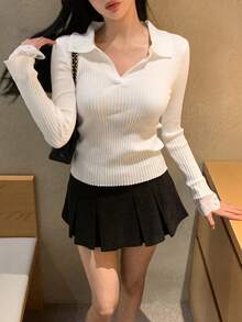 DAZY Women's Solid Color Lace Patchwork Fitted Long Sleeve Sweater - White - View 2