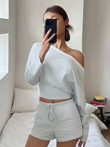 DAZY Casual Striped Asymmetrical Shoulder Women Pajama Set - White - View 10