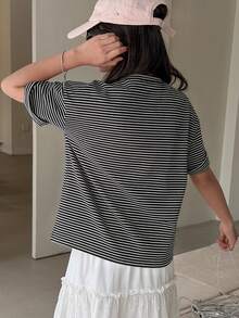 DAZY Tween Girls' Casual Striped Bow Letter Rhinestone Embellished Short Sleeve T-Shirt, Summer - Black and White - View 2