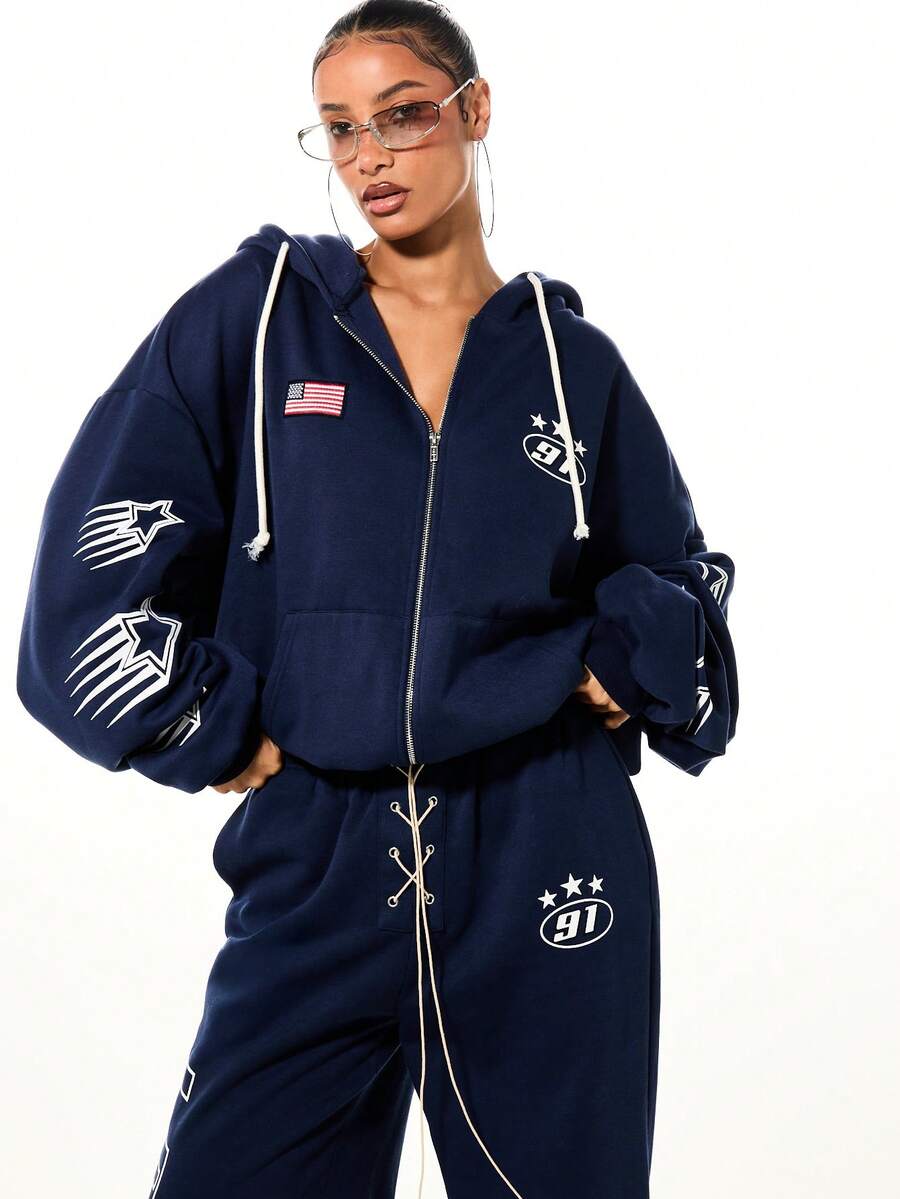 SUMWON WOMEN Navy Graphic Zip Up Hoodie With American Flag And Star Details For Casual Streetwear Fashion Fall Winter Outerwear - Navy Blue - View 1
