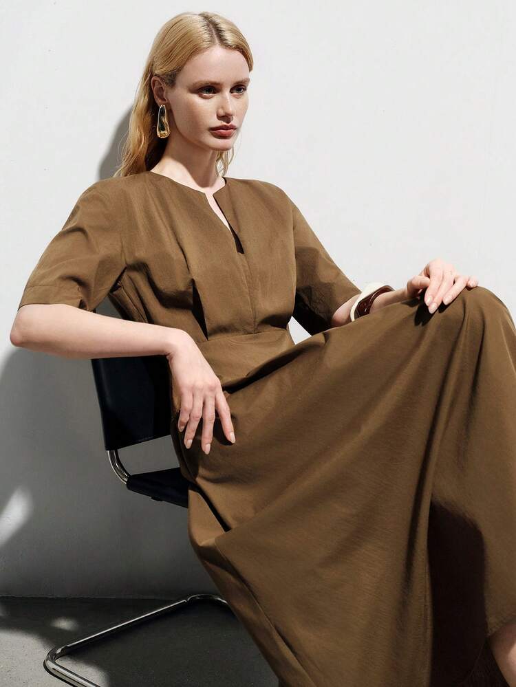 Aveloria Modichic 欧美风春夏新款时尚百搭收腰喇叭纯色优雅职业短袖连衣裙 - 咖啡棕 - 查看 7
