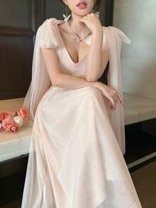 DAZY Đầm cổ chữ V thắt eo với lớp voan bồng bềnh, đầm dự tiệc cưới cho nữ. - Màu be - Xem 7