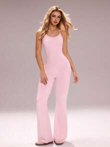 Sovereign Charm 女士马卡龙粉色紧身连体裤，U领，细肩带，交叉后背带，可调节搭扣，露背设计，喇叭裤腿，适合日常休闲穿着、跑步、瑜伽、健身、网球、高尔夫，春夏皆宜。 - 粉色 - 查看 6