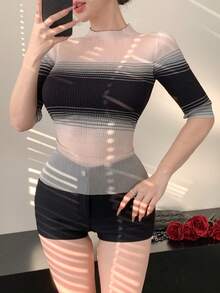 DAZY Light Grey,Summer,Chic,Night Out Gradient Striped Contrast Color Turtleneck Knit Top,Slim Fit Sheer Short Sleeve Blouse,Elegant Office Wear For Women - Pink - View 1