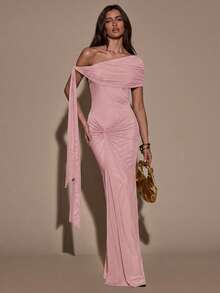 YkhahaSHEIN  Vestido asimétrico de hombro casual y minimalista de unicolor para mujerYkhaha - Rosa - Ver 3