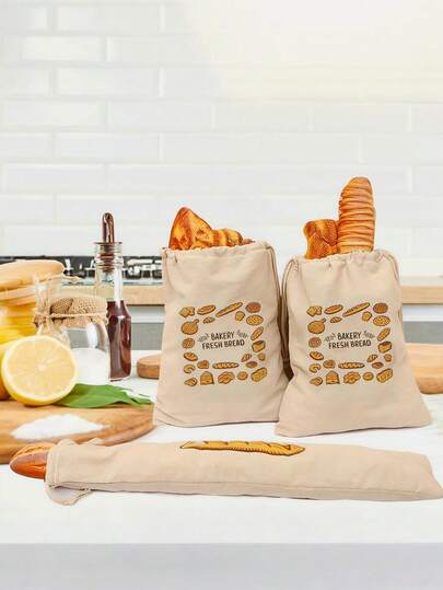 1/2 Pcs Linen Bread Bags Reusable French Baguette Holder Bread Print Design Storage Bag For Picnic Travel Grocery Shopping Camping Bakery Gift Kitchen Accessories