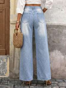 Brillora Celana Jeans Wanita Pinggang Tinggi dengan Kantong, Potongan Lebar, Longgar, Kasual, Serbaguna - Medium Wash - View 2