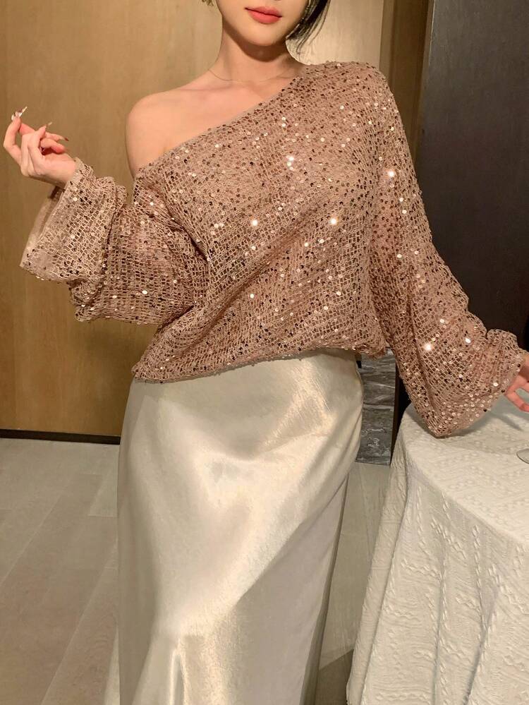 Loose Lace Knit Sweater For Women, Sheer Lightweight Luxury Sparkle Long Sleeve Top