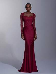 Elitara Burgundy Spring Formal Evening Wedding Bridesmaid Dress,Lace Patchwork Long Sleeve Ruched Fishtail Hem Trailing Elegant Birthday Party Event Gown - Burgundy - View 5