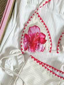 Costavie 女士沙滩套装，花卉图案印花，撞色滚边，时尚休闲度假性感甜美挂脖比基尼套装 - 彩色 - 查看 4