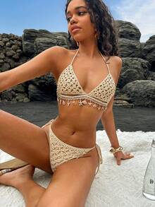 Swim Vcay 夏季海滩海洋元素钩编镂空比基尼罩衫套装（女士款） - 杏色 - 查看 5