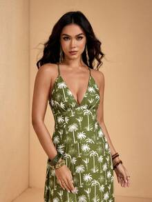 JIAN LASALA Đầm maxi mùa hè không tay dành cho nữ, dây mảnh, cổ chữ V khoét sâu, họa tiết nhiệt đới toàn thân, thích hợp cho kỳ nghỉ. - màu xanh lá - Xem 5