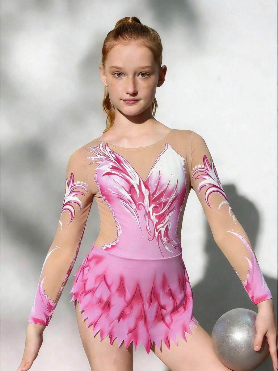 SHEIN 少女印花圆领长袖不对称下摆连体裤 - 彩色 - 查看 1