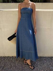 DAZY 女士度假无肩带露背牛仔连衣裙 - 藍色 - 查看 7