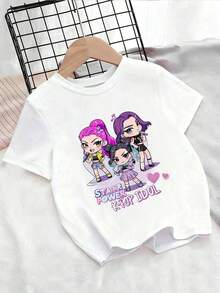 Áo thun ngắn tay cổ tròn in họa tiết hoạt hình K-POP hình ngôi sao, phối màu, thích hợp cho bé gái mặc hàng ngày và đi nghỉ mát, mùa xuân/hè/mọi mùa. - trắng - Xem 3