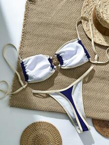 Bonvoyette Conjunto de bikini de unicolor con adorno de contraste y decoración metálica para mujer, primavera/verano - Azul - Ver 3
