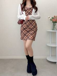 FRIFUL 女士格子无袖叠穿背心和短裤甜美两件套 - 紅色 - 查看 8