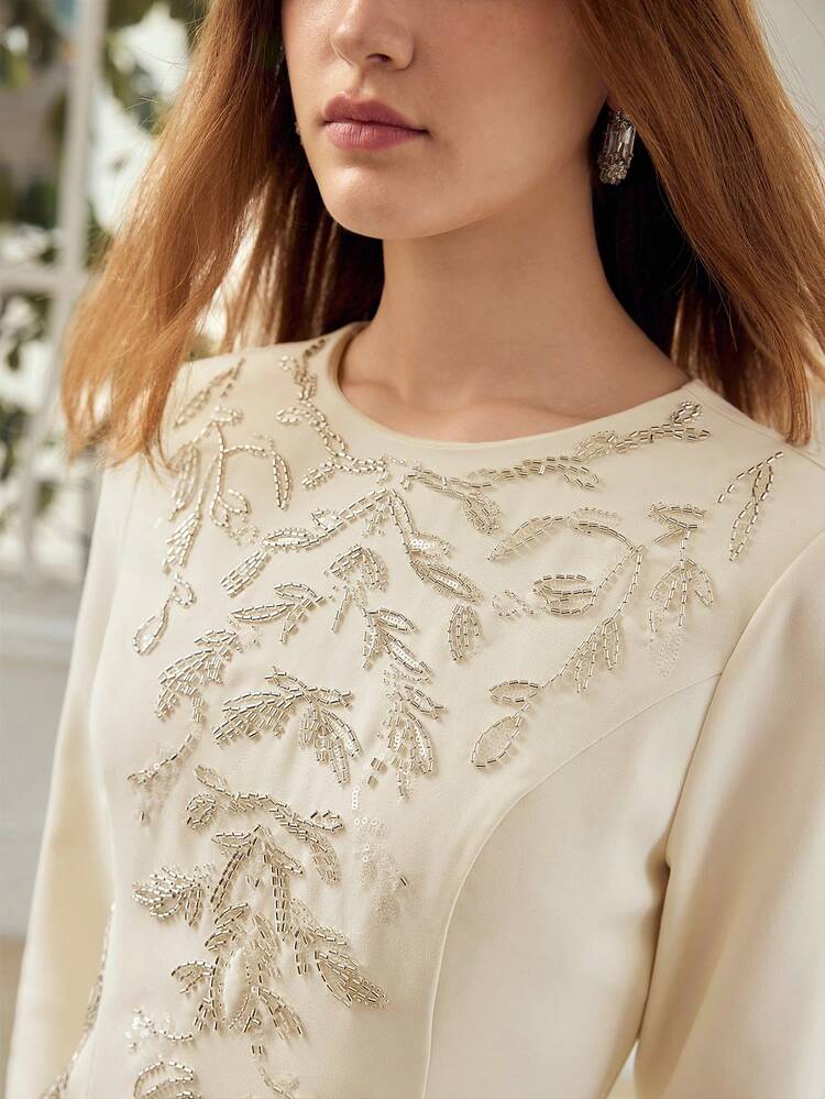 WOMEN'S EMBROIDERED BEADED LONG SLEEVE WAIST CINCHING DRESS