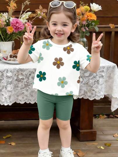 2pcs/Set Young Girl Casual Cute Floral Print Short Sleeve T-Shirt And Solid Color Shorts Set, Suitable For Outings And Vacations, Summer Outfits