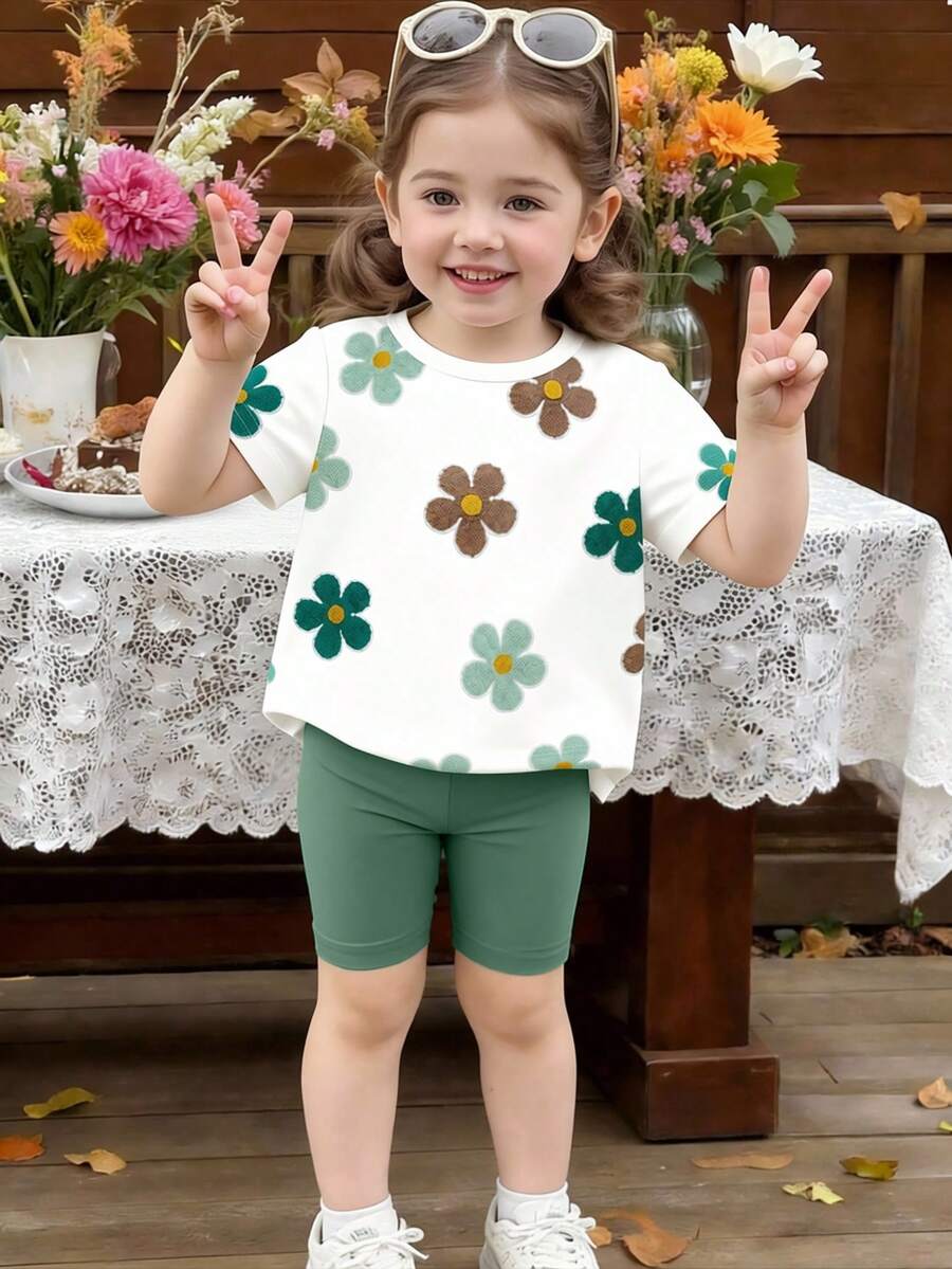 SHEIN 2pcs/Set Young Girl Casual Cute Floral Print Short Sleeve T-Shirt And Solid Color Shorts Set, Suitable For Outings And Vacations, Summer Outfits - Multicolor - View 1