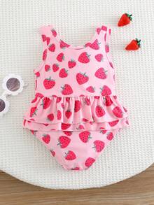 SHEIN 女婴草莓印花荷叶边可爱连体泳衣 - 粉色 - 查看 2