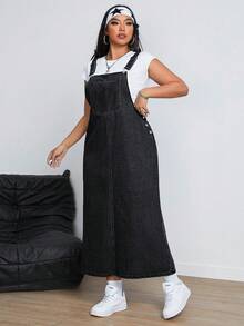 SHEIN ICON Plus Size Casual Washed Denim Pinafore Dress - Dark Grey - View 4
