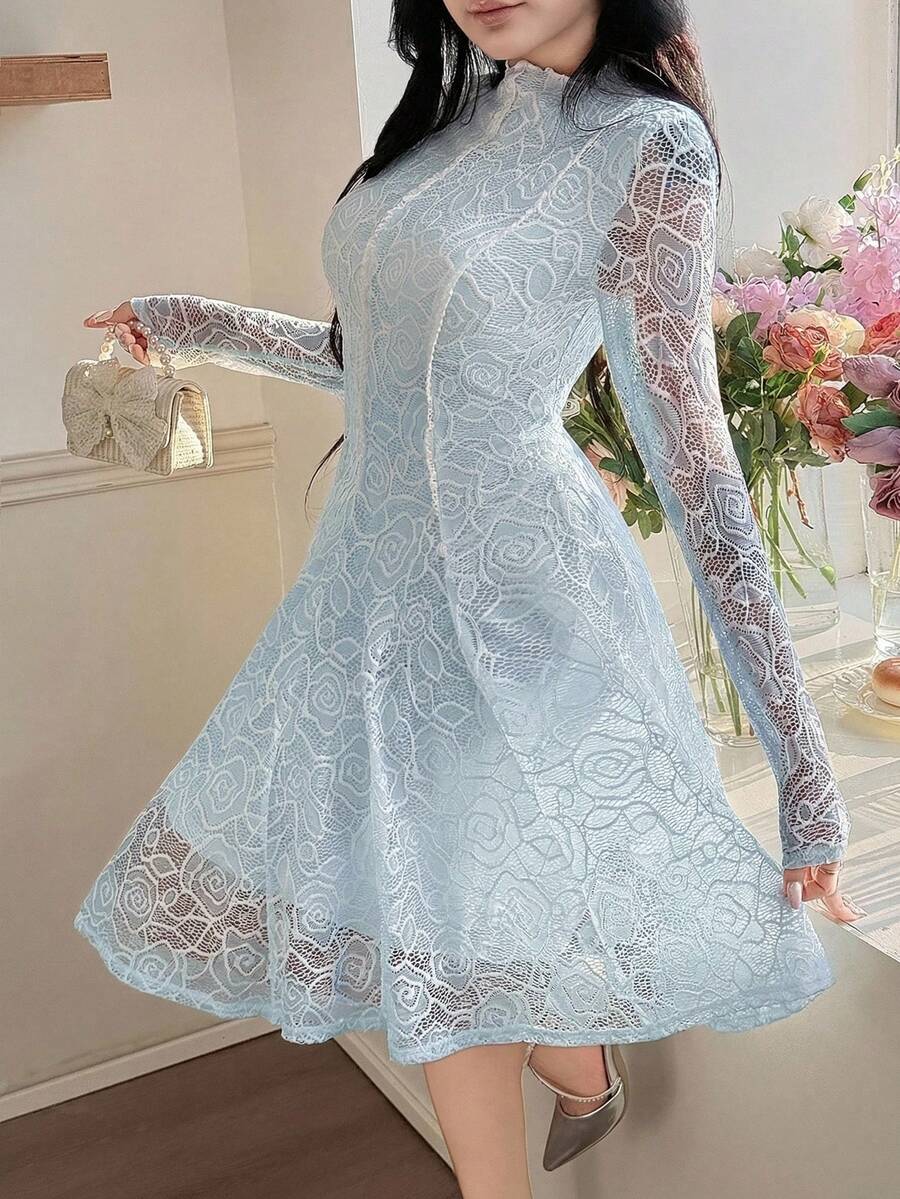 Feyla 女士优雅通勤纯色蕾丝迷你连衣裙 - 藍色 - 查看 1