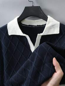 Manfinity Homme Camiseta casual de punto de manga corta con contraste de color para hombre - Azul Marino - Ver 4