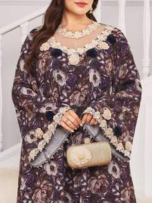 Al Najma Plus Size Middle Eastern Style Ornate Printed Long Sleeve Dress, Round Neck, Hollow Lace Trim Decor, Loose Comfortable Soft Digital Print Dress - Multicolor - View 1