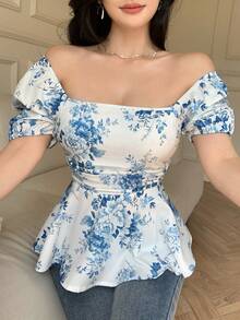 Celisse 印花方领花瓣袖收腰荷叶边下摆女式衬衫 - 彩色 - 查看 6