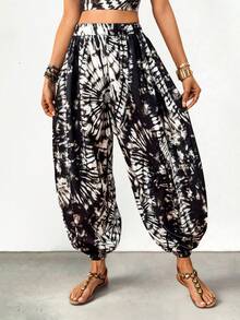 Fembélia Women's All-Over Print Pleated Casual Versatile Daily Wear Lantern Pants - Black and White - View 6