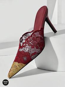 SHUZIA 女士浪漫时尚性感派对尖头蕾丝细高跟穆勒鞋 - 酒紅色 - 查看 1