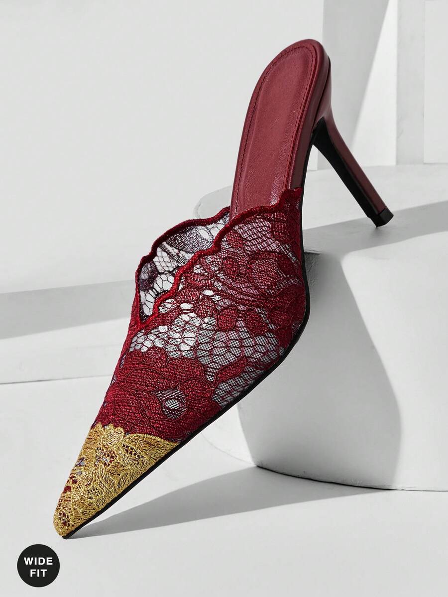 SHUZIA 女士浪漫时尚性感派对尖头蕾丝细高跟穆勒鞋 - 酒紅色 - 查看 1