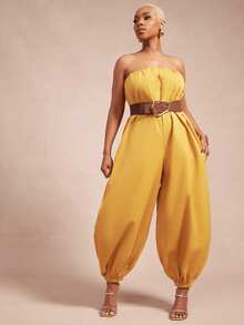 Vixey Solid Woven Strapless Balloon Hem Jumpsuit - Yellow - View 4