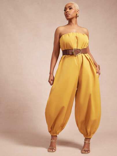 Vixey Solid Woven Strapless Balloon Hem Jumpsuit
