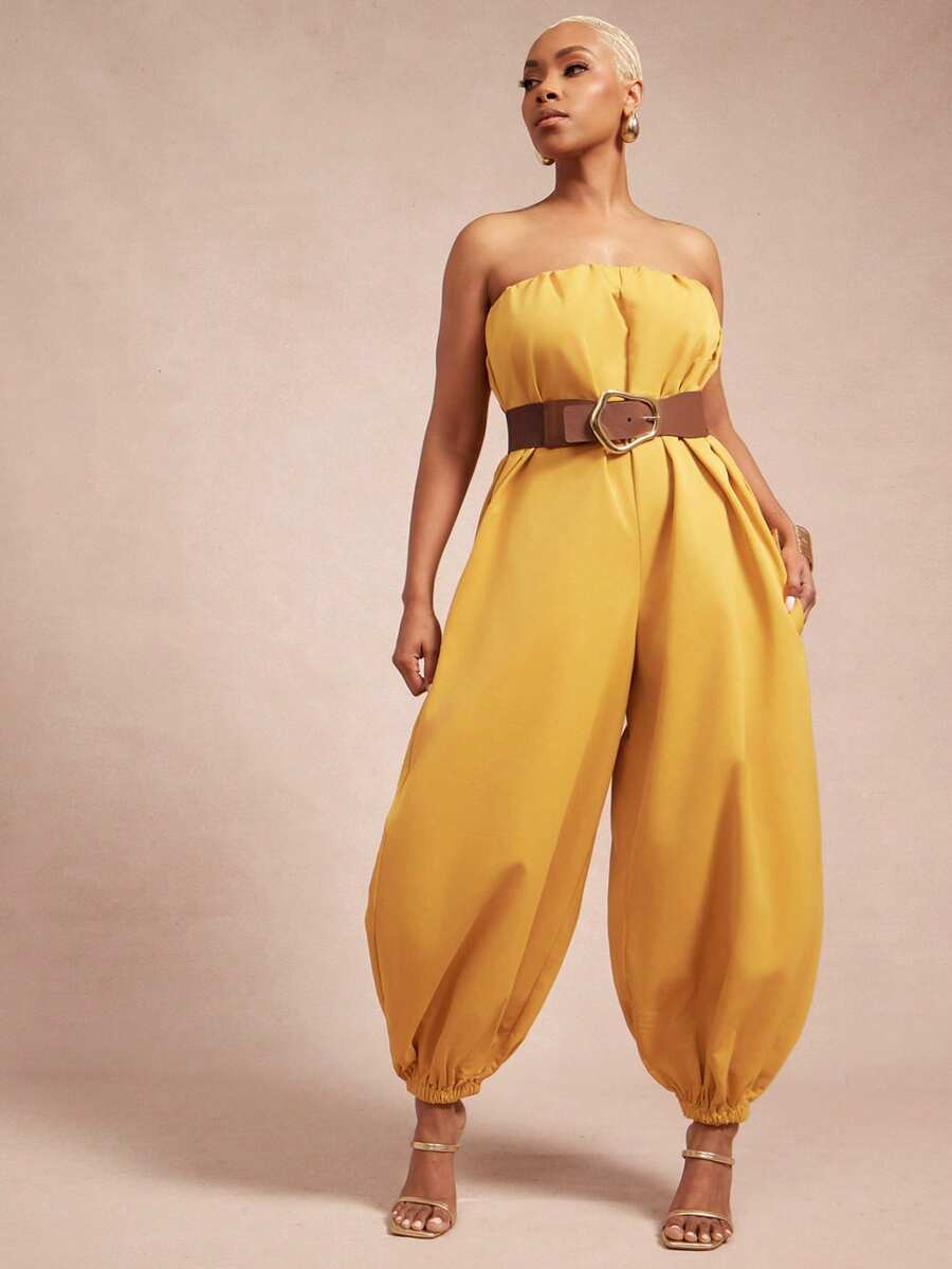 Vixey Solid Woven Strapless Balloon Hem Jumpsuit - Yellow - View 1