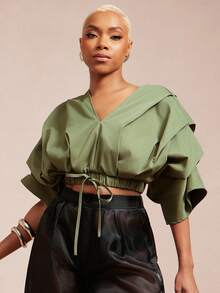 Vixey Solid Woven Pleated Structured Sleeve Drawstring Waist Top - Army Green - View 4