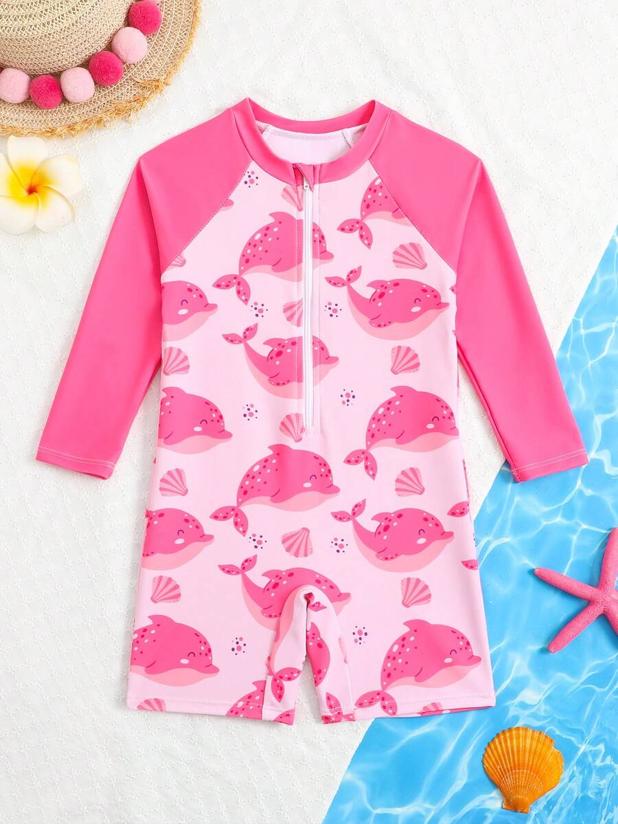 Baju Renang Terusan Bayi Perempuan Motif Kartun Lumba-lumba & Kerang Lengan Panjang, Resleting Depan, Lengan Raglan Warna Pink, Bahan Elastis Tinggi - Hot Pink - View 1
