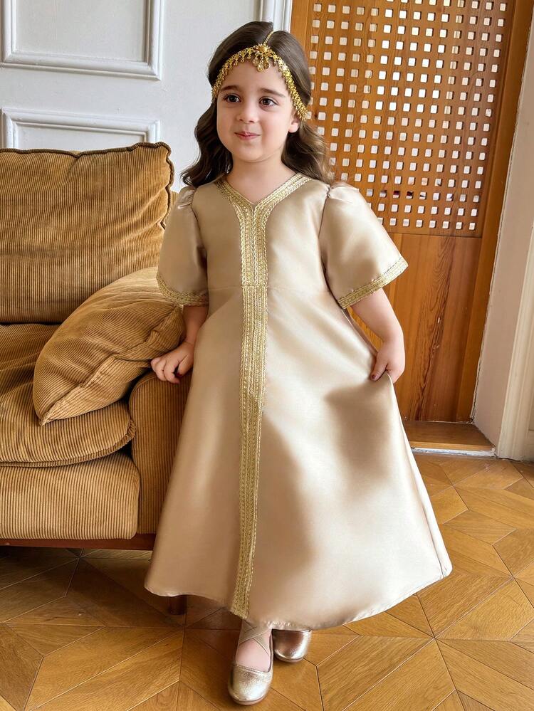 Young Girl Ribbon Trim V-Neck Petal Sleeve Elegant Party Dress