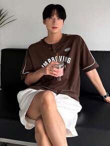 DAZY Men's Letter Print Round Neck Half-Zip T-Shirt, Summer Graphic Tees Men - Brown - View 1