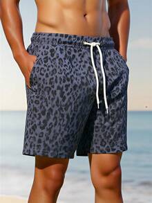 Solantero Men's Leopard Print Drawstring Waist Pocket Casual Beach Shorts Men Leopard Swim Trunks Men Swim Shorts Men Leopard Shorts Men Animal Print Shorts Men Animal Print Swim Trunks - Dusty Purple - View 3