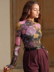Anewsta Elegantes Top mit floralem Muster und Rüschenkragen, langärmeliges figurbetontes Top für Frauen, geeignet für Herbst, Eleganz, Chic, Neujahr, Lässig - Violett - Übersicht 6