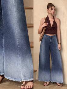 Selenza 女士休闲百搭日常口袋纽扣喇叭裤 - 藍色 - 查看 1